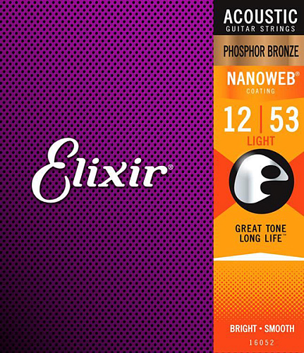 Elixir 16052 NANOWEB Комплект струн для акустической гитары, 12-53