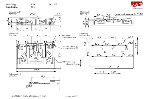 Schaller 12130201 3D-4 Бридж (струнодержатель) бас-гитары, хром