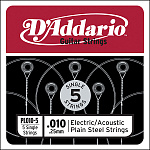 Фото:D`Addario PL010-5 Plain Steel Отдельная стальная струна без обмотки 010, 5 шт