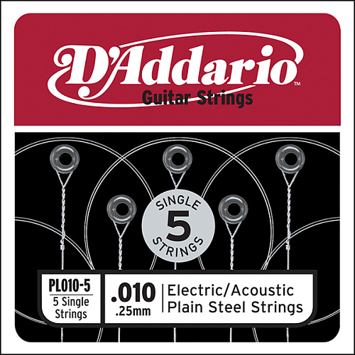 D`Addario PL010-5 Plain Steel Отдельная стальная струна без обмотки 010, 5 шт