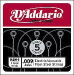 Фото:D'Addario PL009-5 Plain Steel Отдельная стальная струна без обмотки 009, 5 шт
